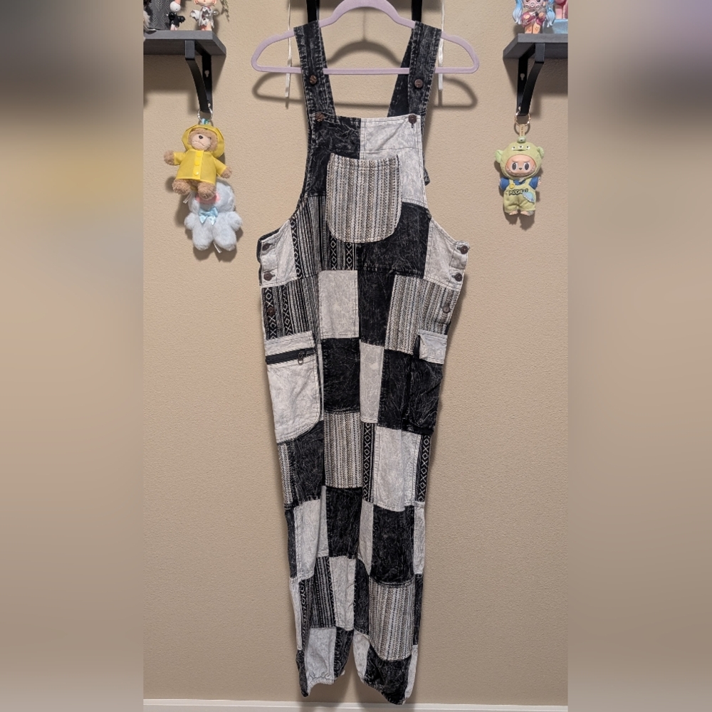 Rising International Black & White Patchwork Overalls - Size: Small